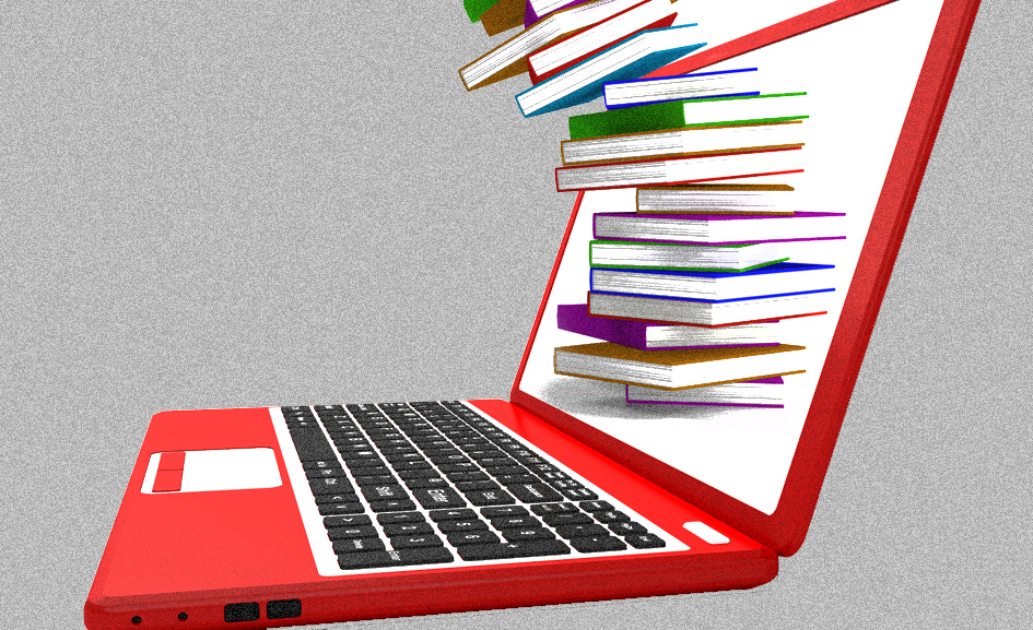 Stack Of Books Flying From Computer Shows Online Learning